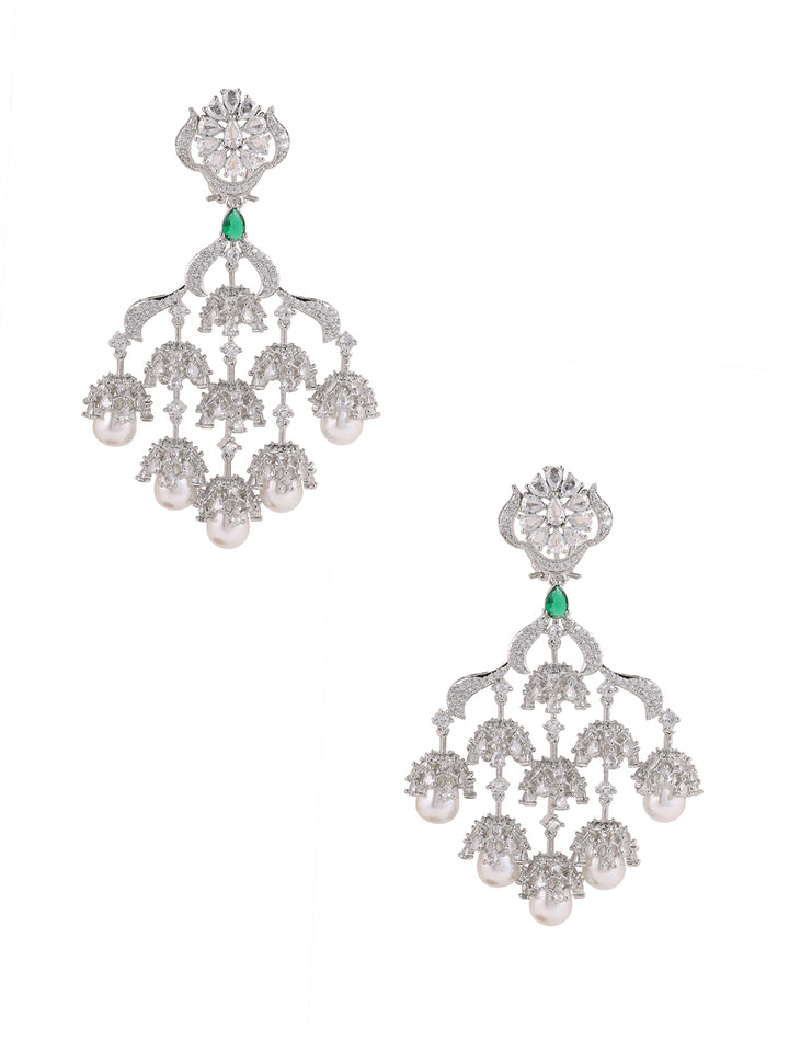 Priyaasi AD Jhumki style Green Stone Pearl Silver Plated Earrings