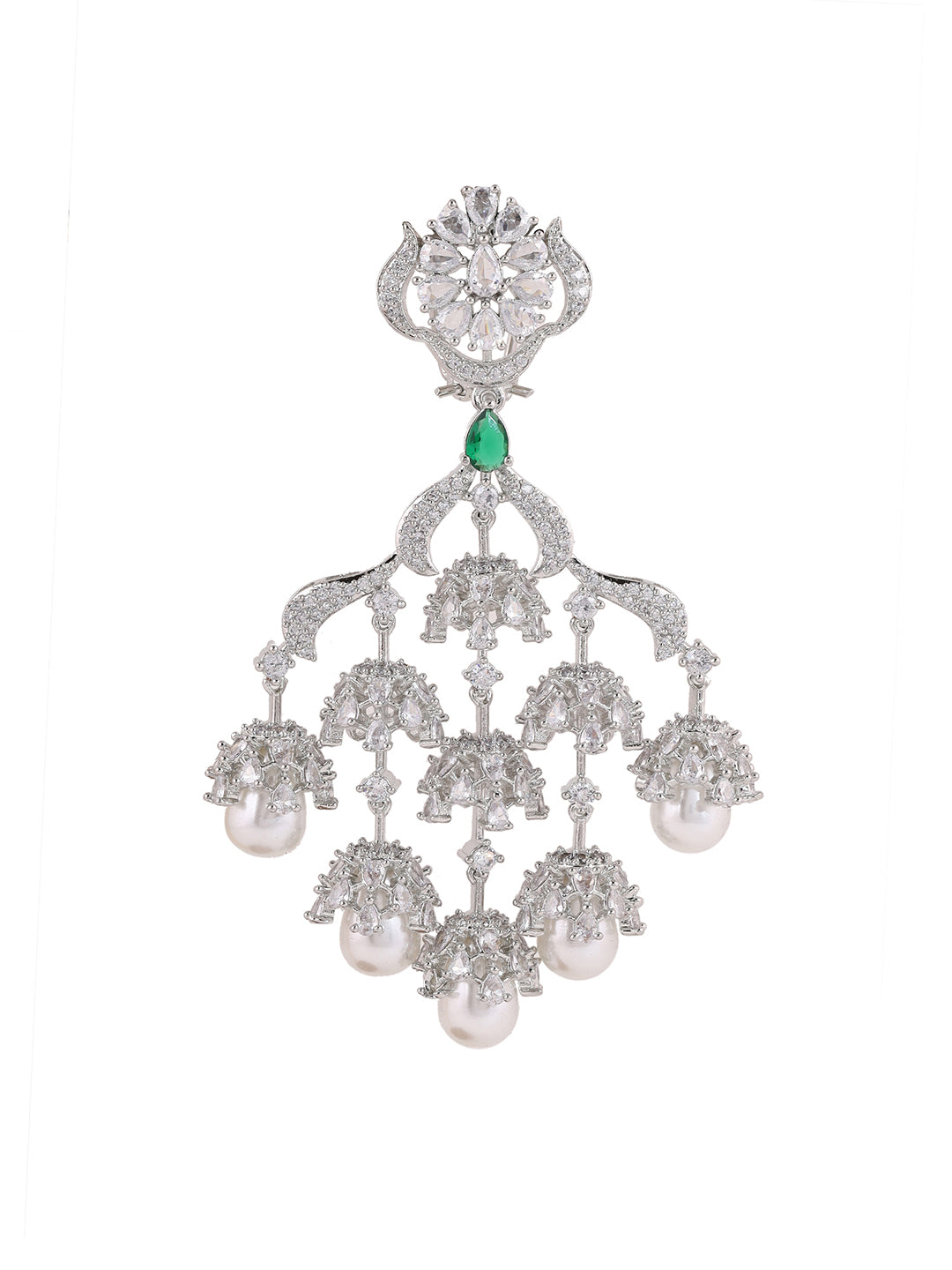 Priyaasi AD Jhumki style Green Stone Pearl Silver Plated Earrings