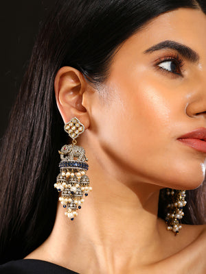 Priyaasi AD Elephant Design Jhumkis Navy Blue Gold Plated Drop Earrings