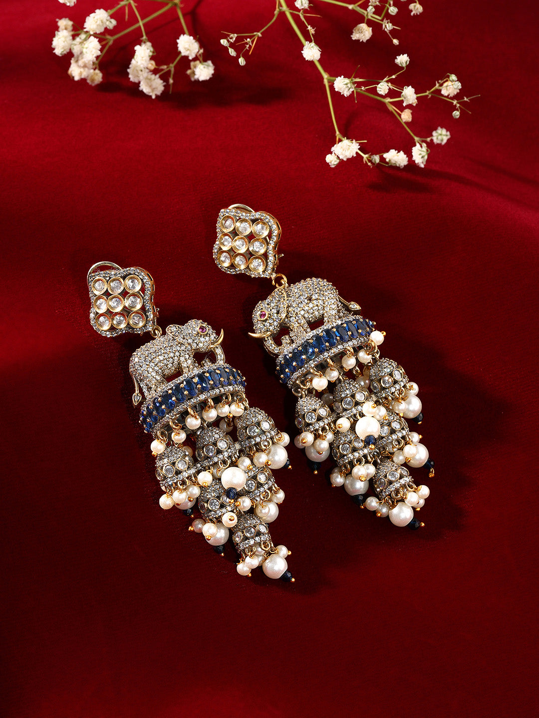 Priyaasi AD Elephant Design Jhumkis Navy Blue Gold Plated Drop Earrings