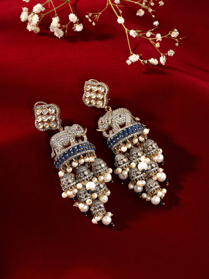 Priyaasi AD Elephant Design Jhumkis Navy Blue Gold Plated Drop Earrings