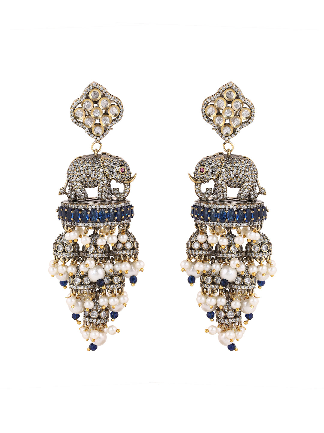Priyaasi AD Elephant Design Jhumkis Navy Blue Gold Plated Drop Earrings