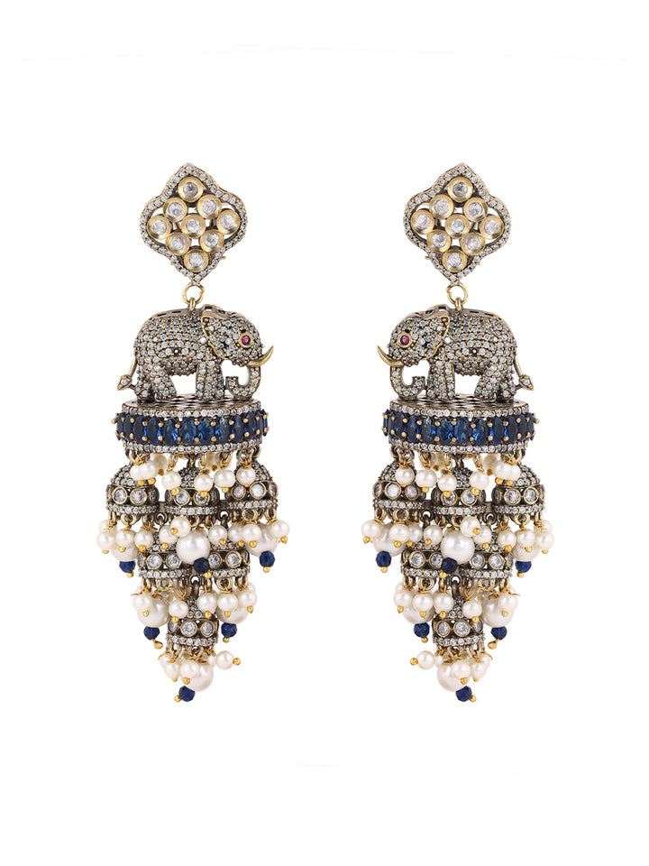 Priyaasi AD Elephant Design Jhumkis Navy Blue Gold Plated Drop Earrings