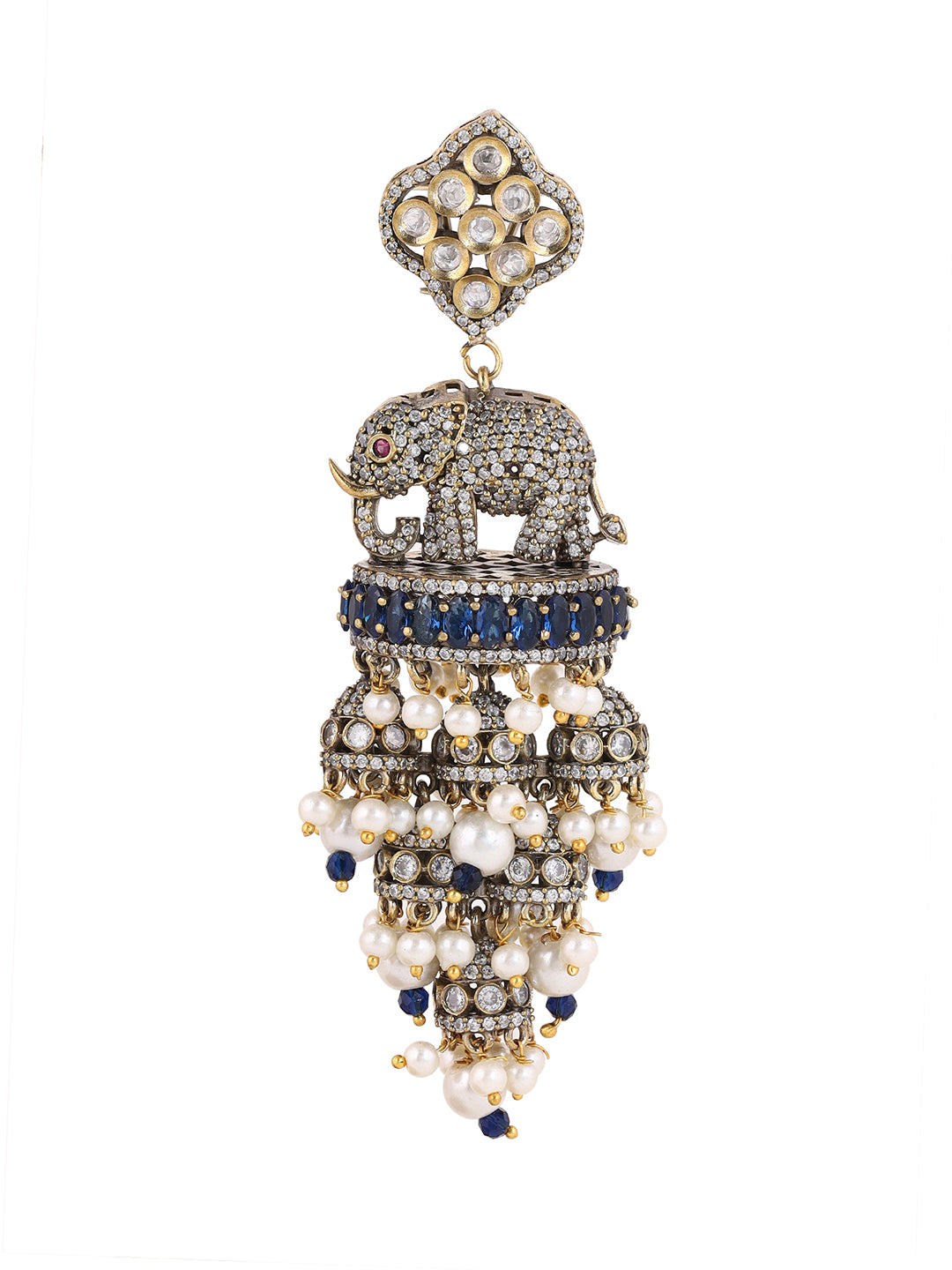 Priyaasi AD Elephant Design Jhumkis Navy Blue Gold Plated Drop Earrings