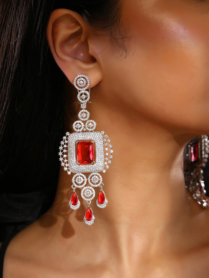 Priyaasi Geometrical Design Red AD Fashionary Drop Silver Plated Earrings