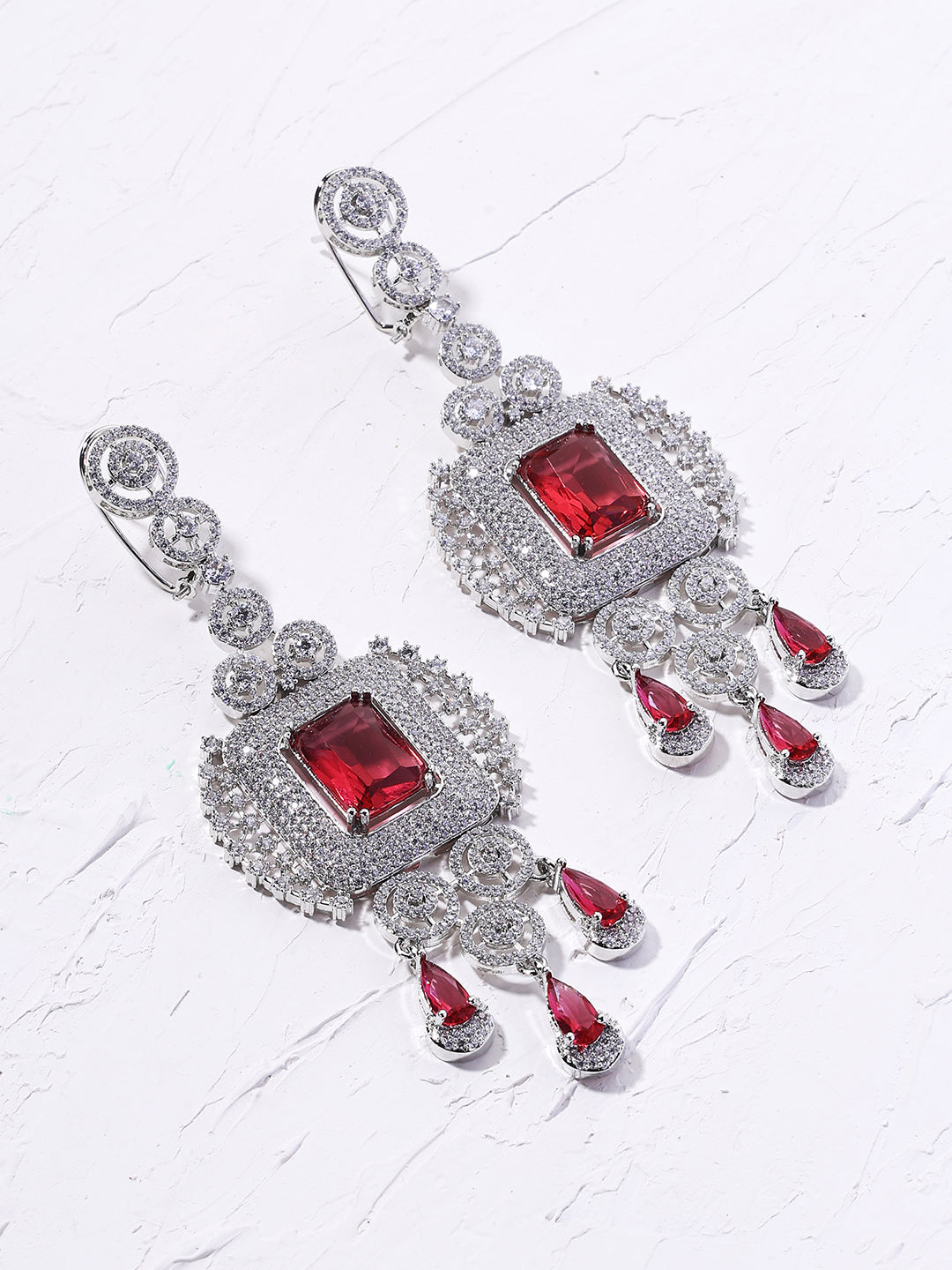 Priyaasi Geometrical Design Red AD Fashionary Drop Silver Plated Earrings