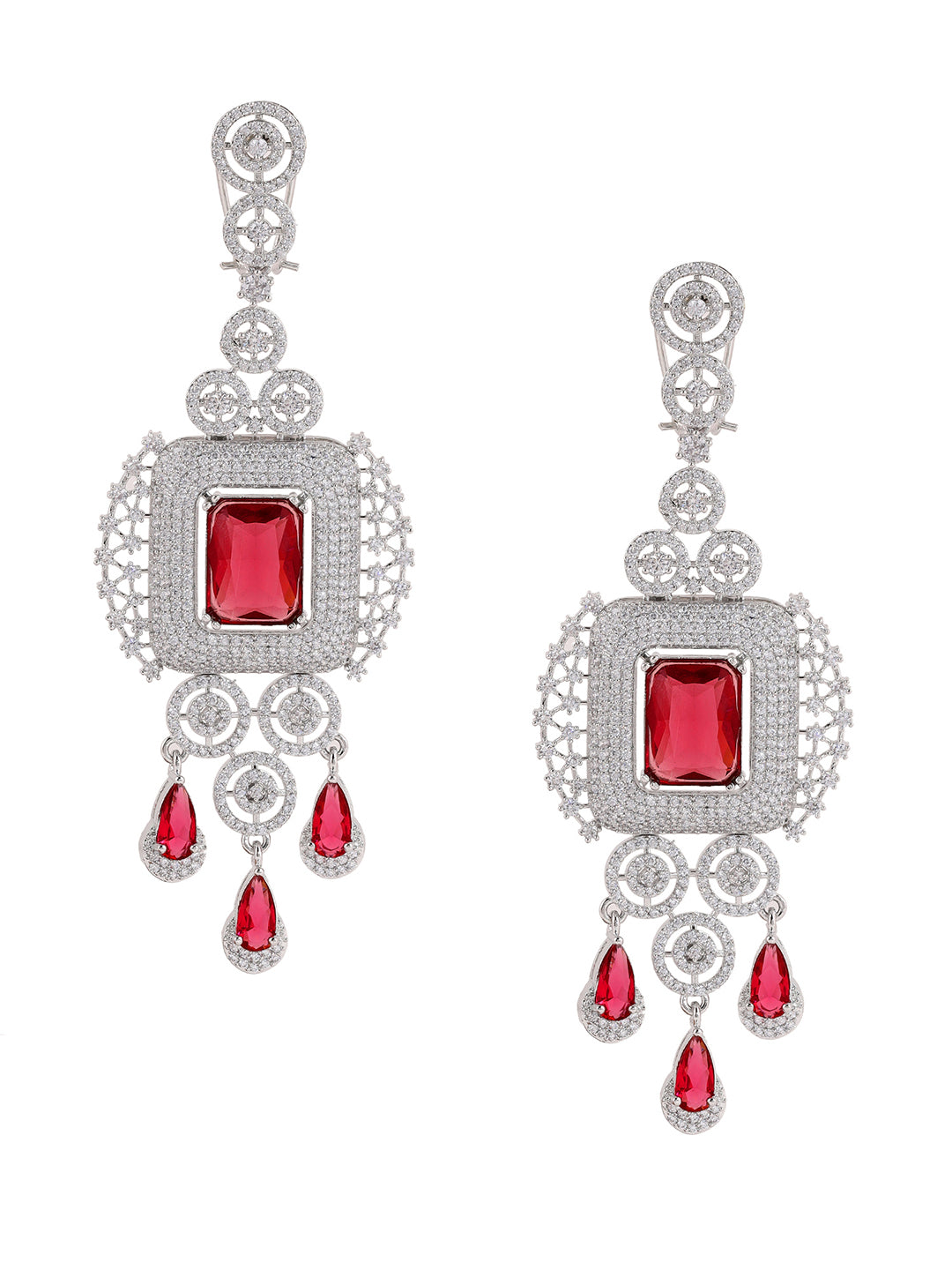 Priyaasi Geometrical Design Red AD Fashionary Drop Silver Plated Earrings