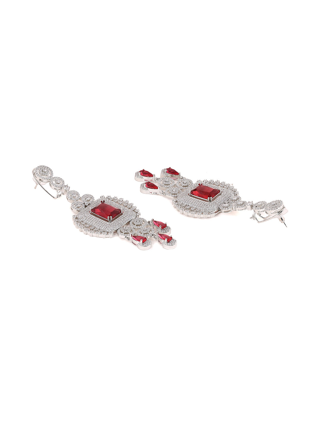 Priyaasi Geometrical Design Red AD Fashionary Drop Silver Plated Earrings