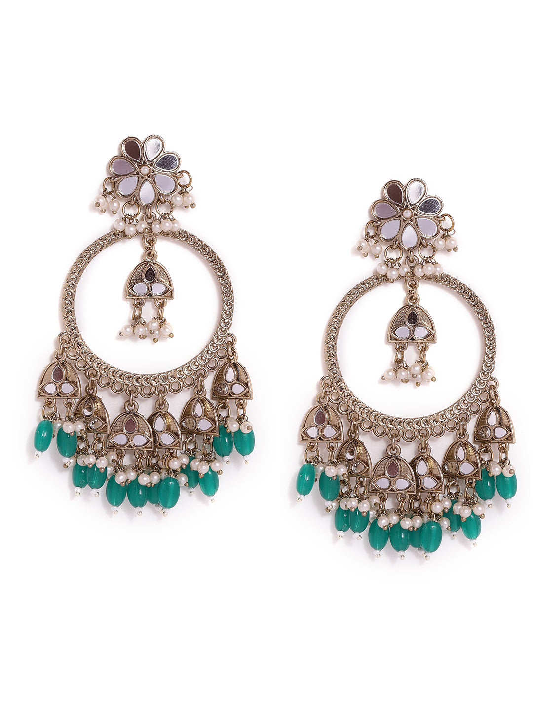 Priyaasi Green Beads mini Mirror Style Chandbali Gold plated push back Earrings