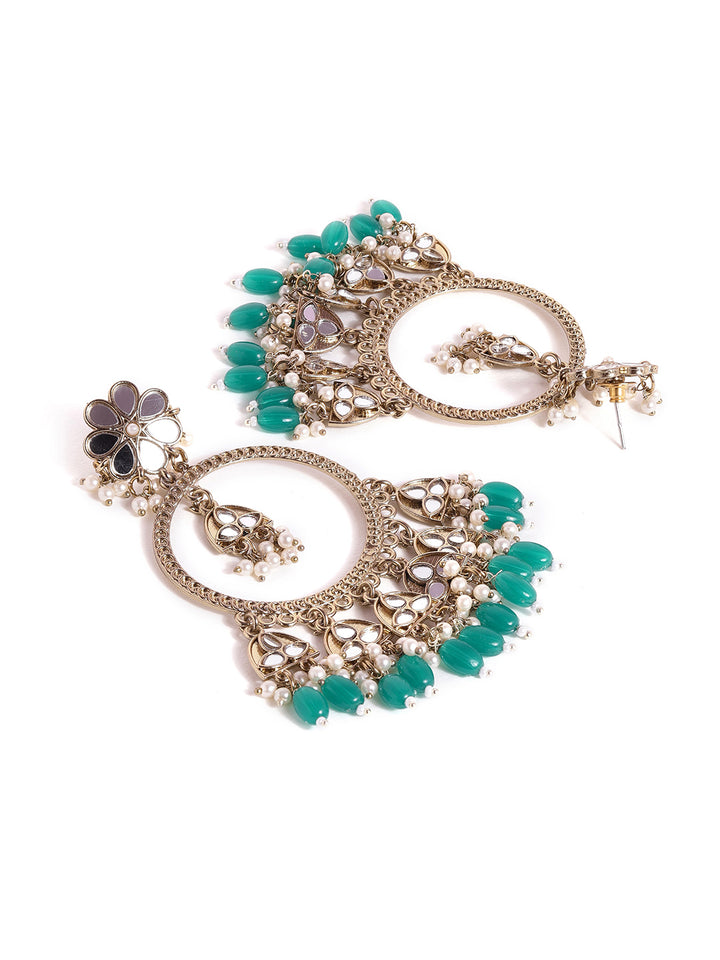 Priyaasi Green Beads mini Mirror Style Chandbali Gold plated push back Earrings