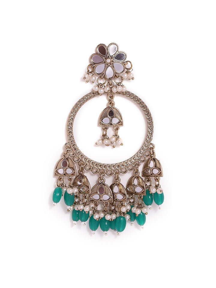 Priyaasi Green Beads mini Mirror Style Chandbali Gold plated push back Earrings