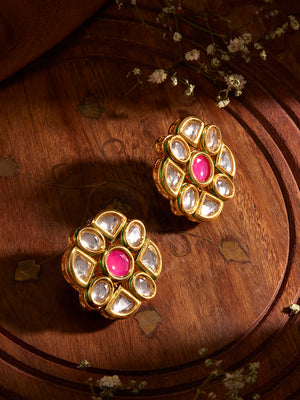 Priyaasi Pink Stone Kundan Floral Pattern Gold Plated Earrings