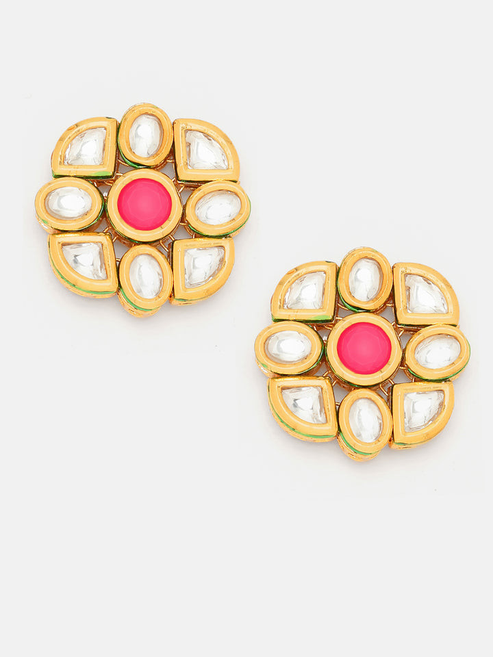 Priyaasi Pink Stone Kundan Floral Pattern Gold Plated Earrings