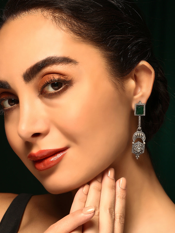 Priyaasi Silver Plated Green Oxidized Emarld Drop Earrings