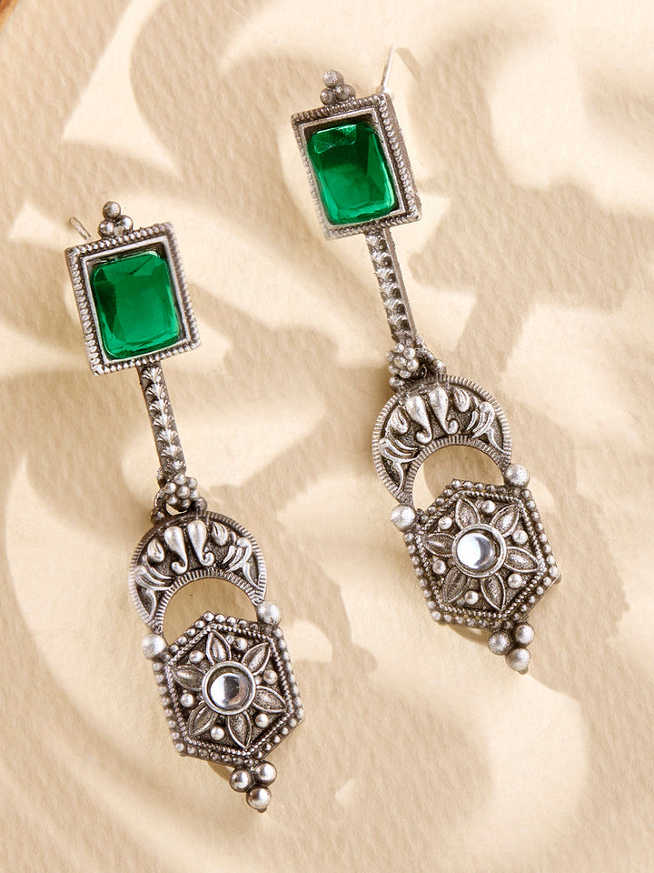 Priyaasi Silver Plated Green Oxidized Emarld Drop Earrings