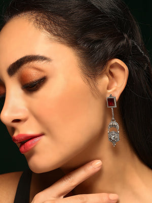 Priyaasi Silver Plated Red Ruby Oxidized Drop Earrings