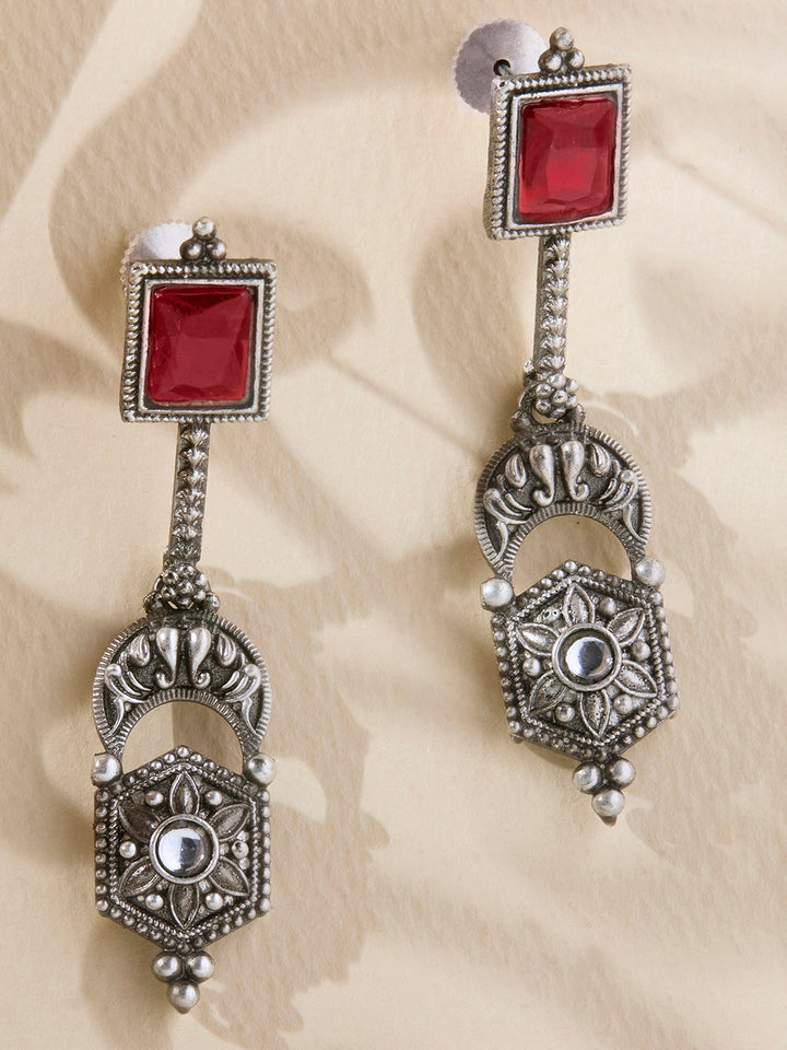 Priyaasi Silver Plated Red Ruby Oxidized Drop Earrings