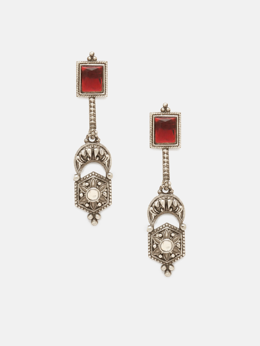 Priyaasi Silver Plated Red Ruby Oxidized Drop Earrings