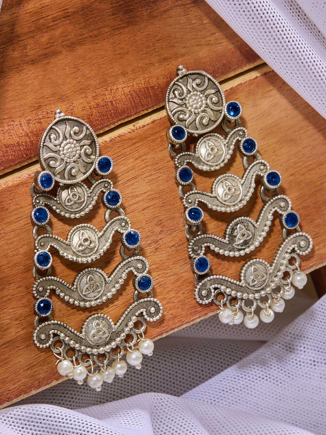 Priyaasi Silver Plated Blue Oxidized Kemp Chandbali Earrings