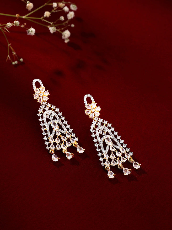 Priyaasi AD Elegance Gold Palting Floral Pattern Drop Earrings