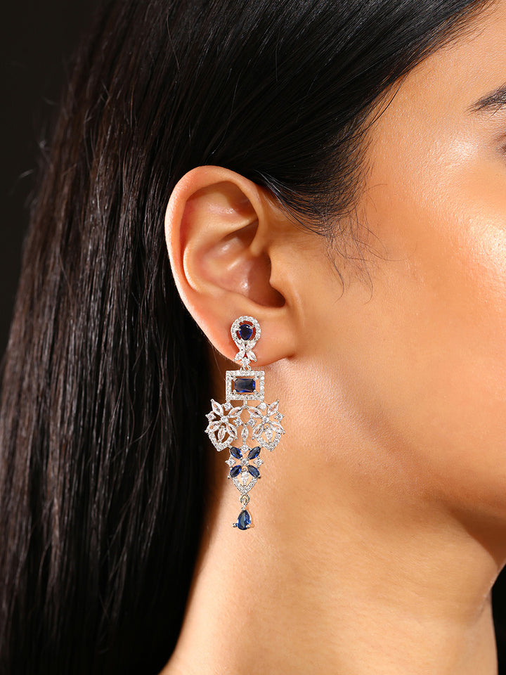 Priyaasi Blue Stones AD Floral Elegance Silver Plating Drop Earrings