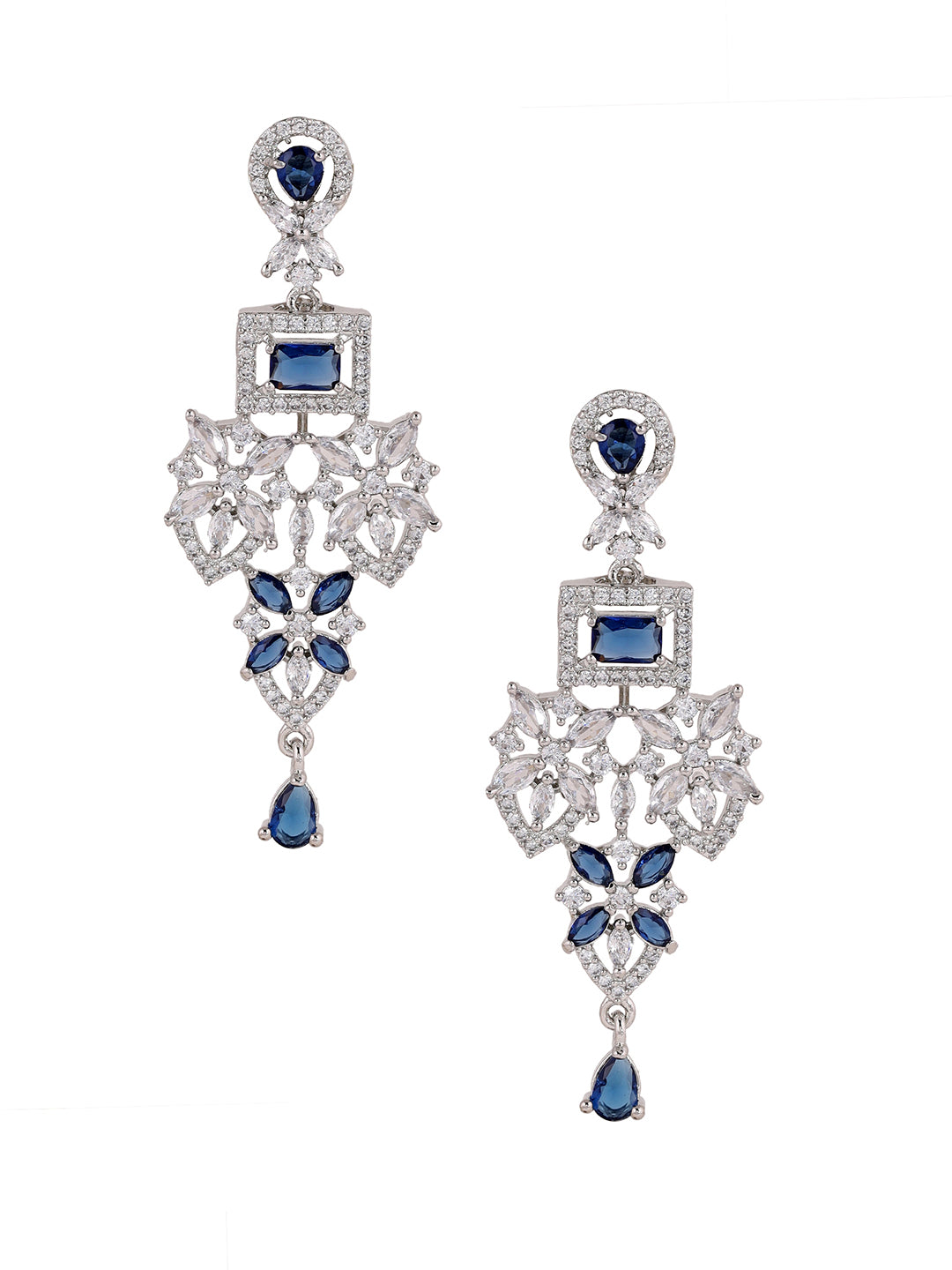 Priyaasi Blue Stones AD Floral Elegance Silver Plating Drop Earrings