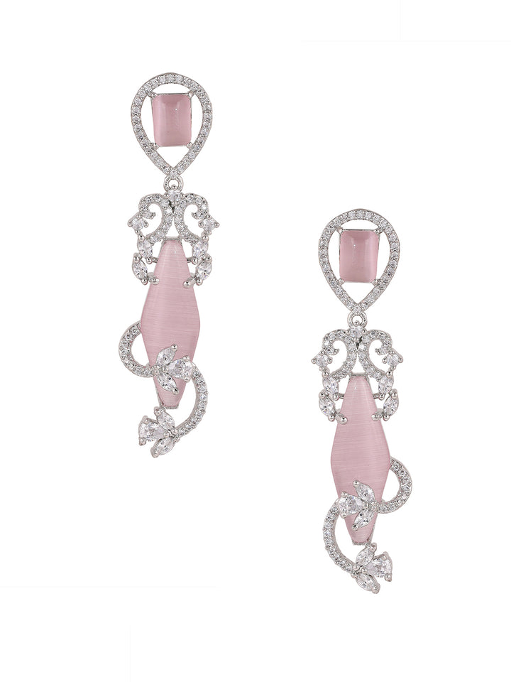 Priyaasi Pink AD Stones Floral Design Silver Plating Drop Earrings