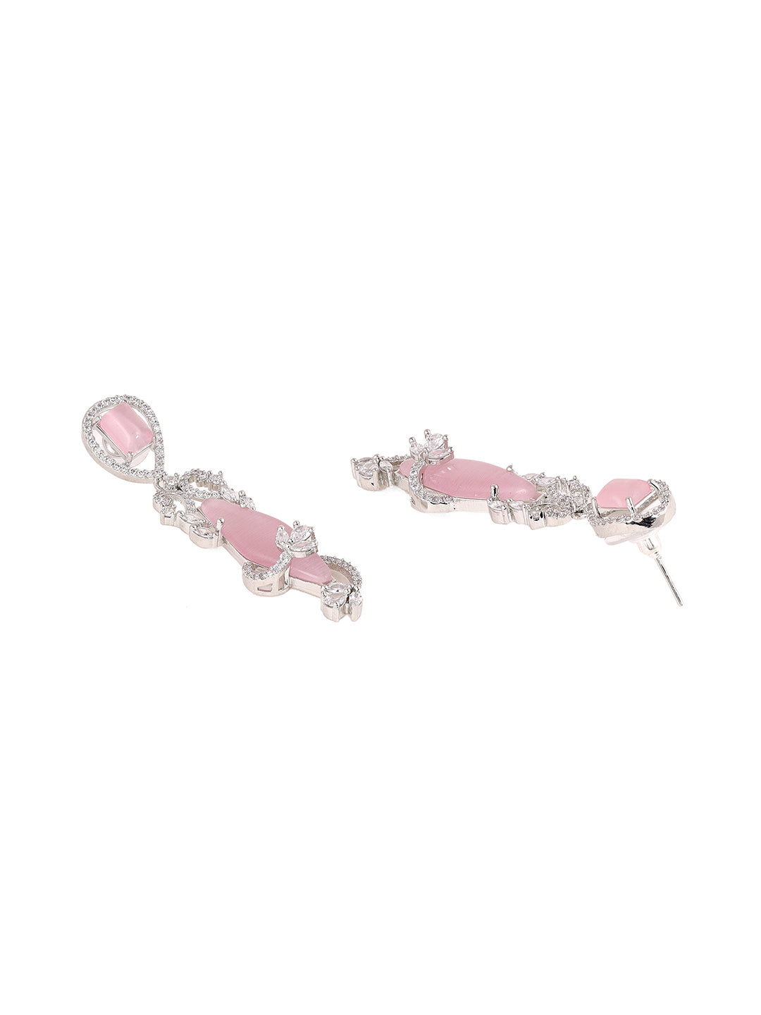 Priyaasi Pink AD Stones Floral Design Silver Plating Drop Earrings