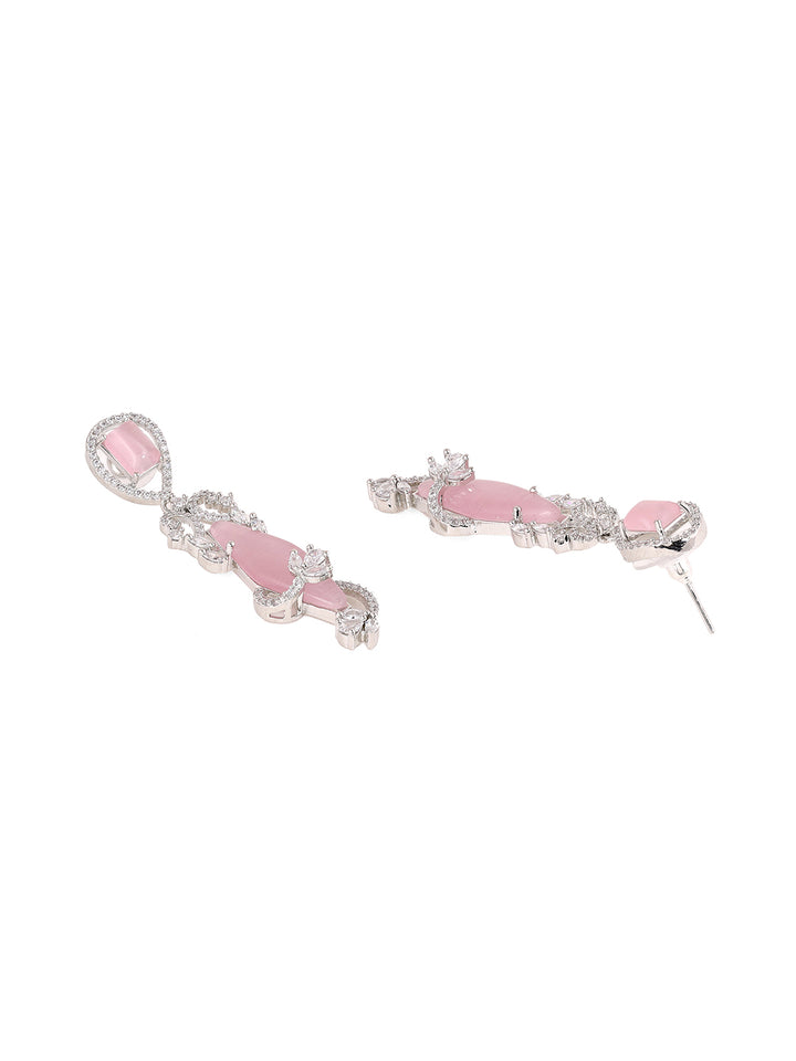 Priyaasi Pink AD Stones Floral Design Silver Plating Drop Earrings