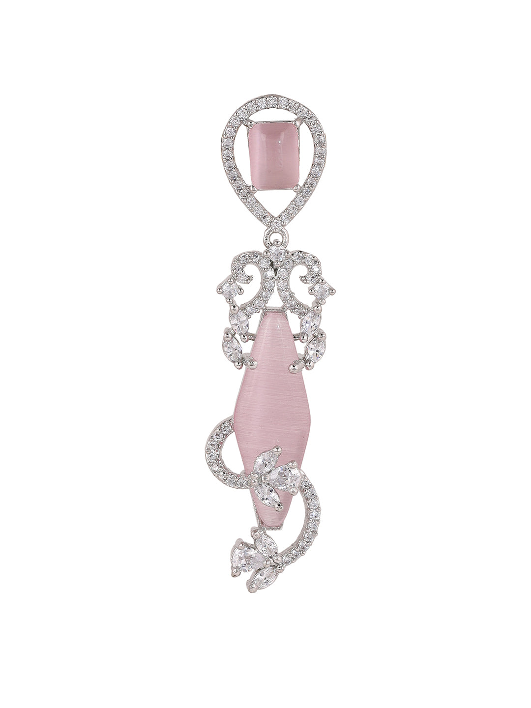 Priyaasi Pink AD Stones Floral Design Silver Plating Drop Earrings