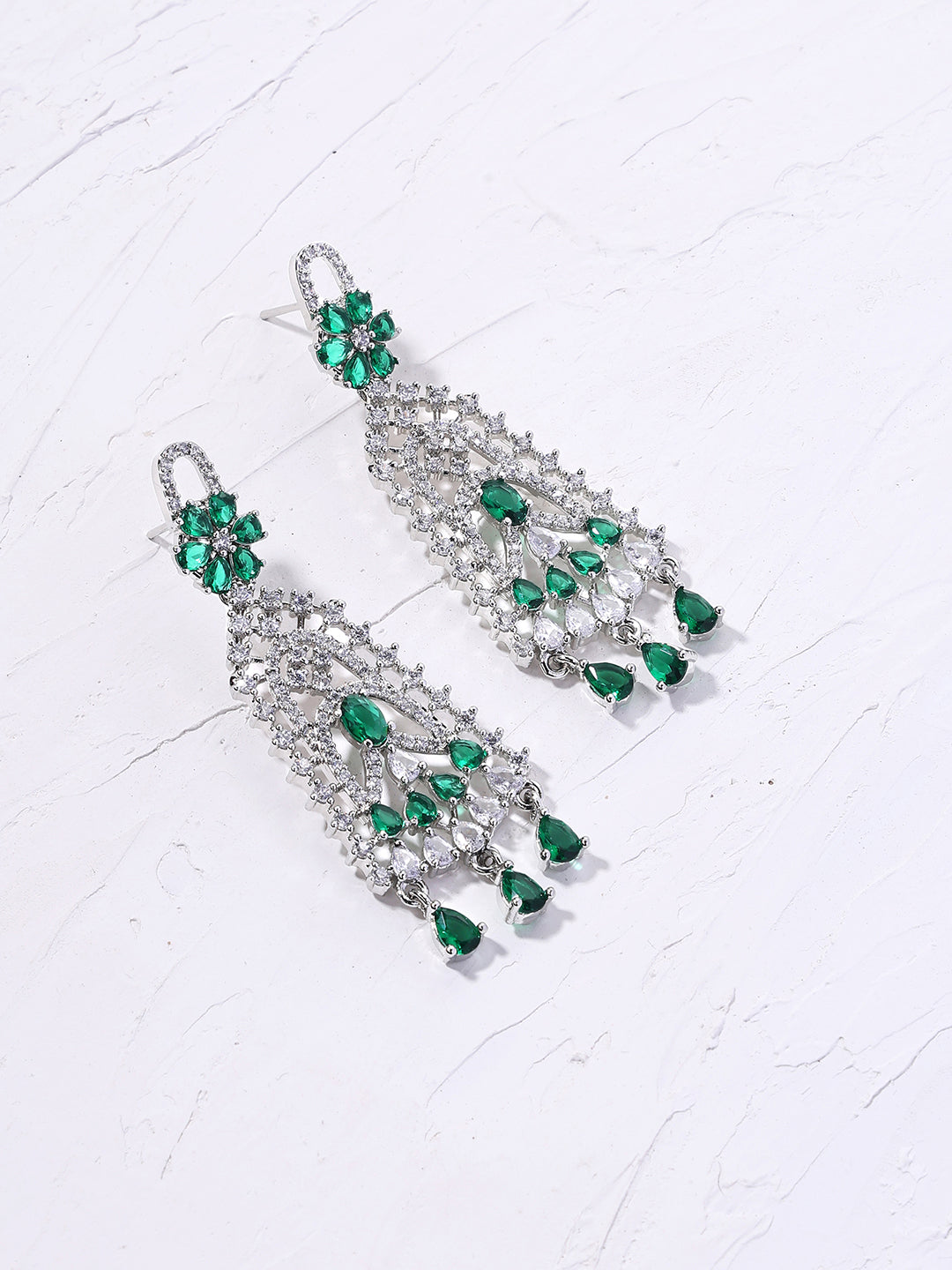 Priyaasi Emerald AD Stones Floral Silver Plating Drop Elegance Earrings