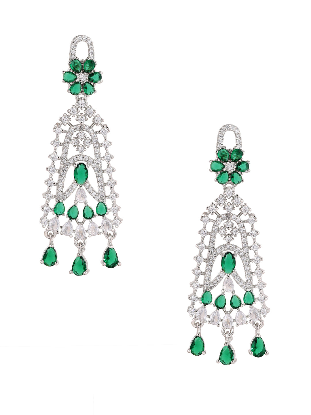 Priyaasi Emerald AD Stones Floral Silver Plating Drop Elegance Earrings