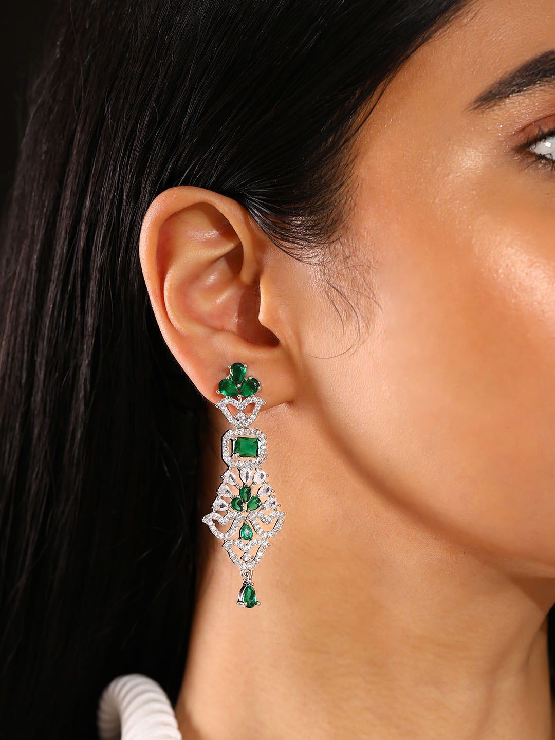 Priyaasi Floral Emerald AD Stones Silver Plating Elegant Earrings