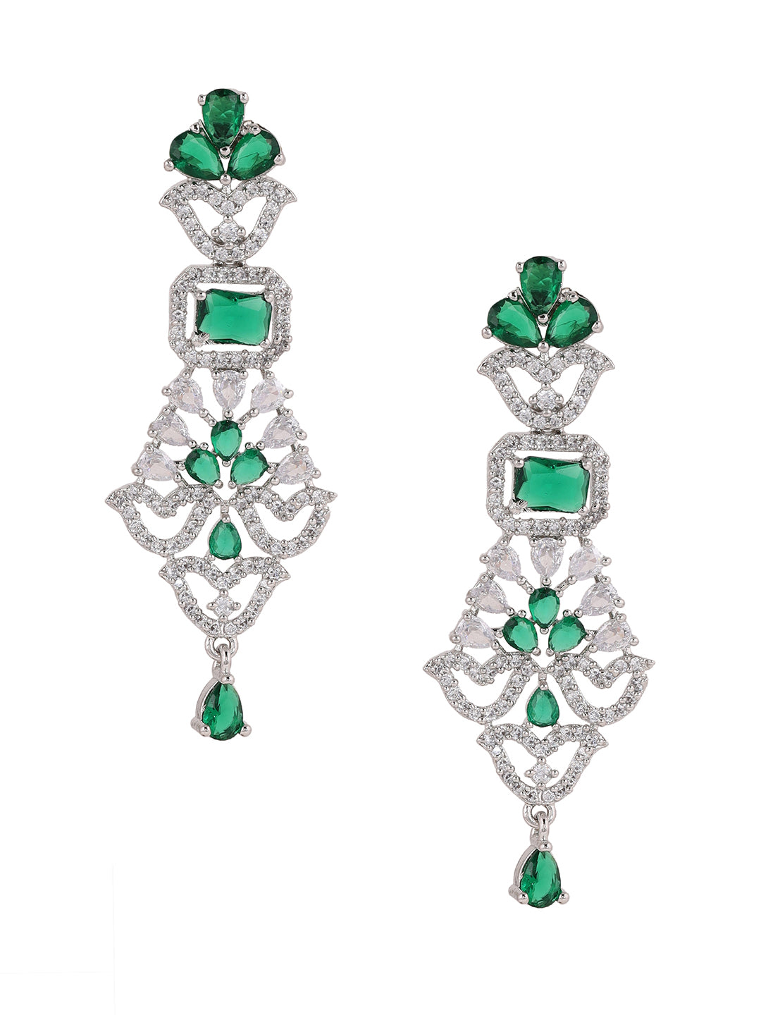 Priyaasi Floral Emerald AD Stones Silver Plating Elegant Earrings