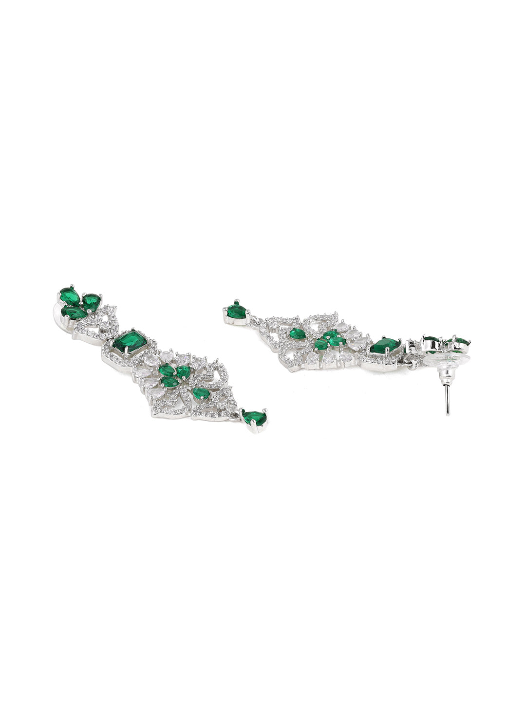 Priyaasi Floral Emerald AD Stones Silver Plating Elegant Earrings