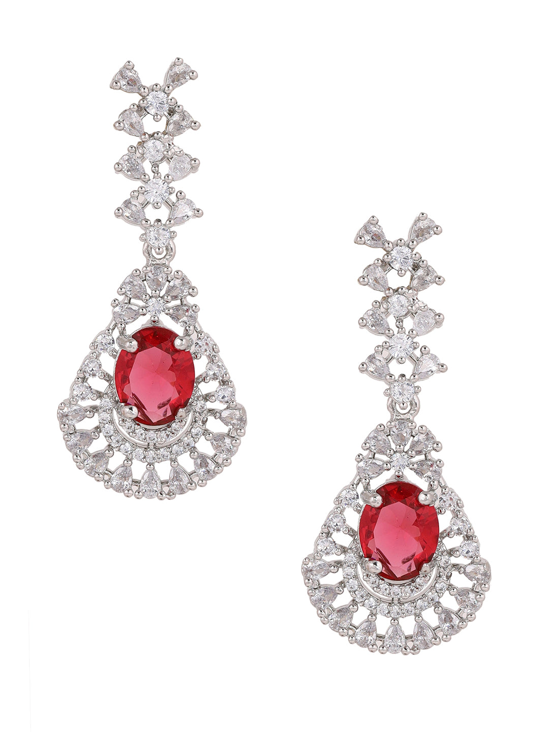 Priyaasi Ruby AD Stones Floral Silver Plating Elegance Drop Earrings