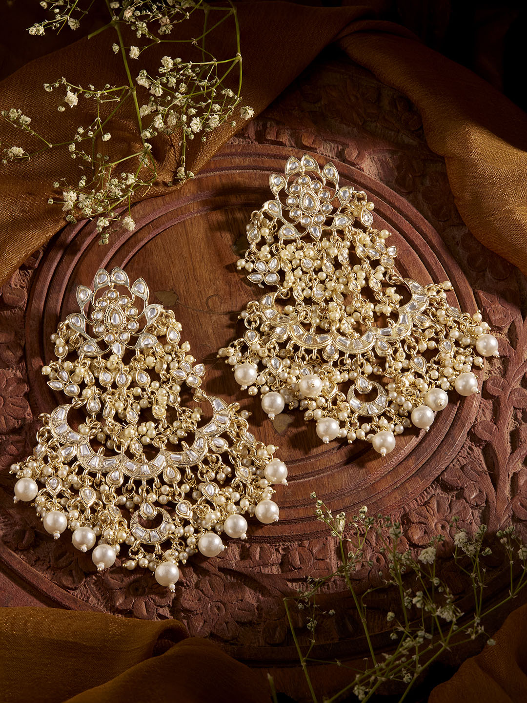 Priyaasi Kundan Pearl Floral Chandbali Design Gold Plated Earrings