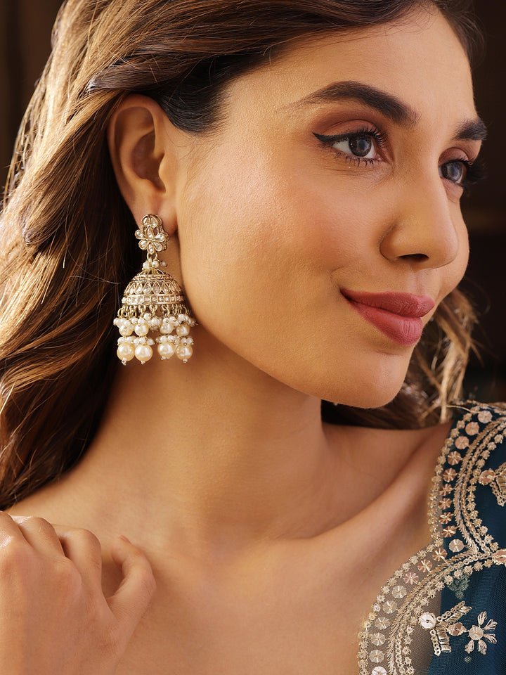 Priyaasi Floral Design Kundan Mini Fresh Water Pearls Gold Plated Jhumka Earrings