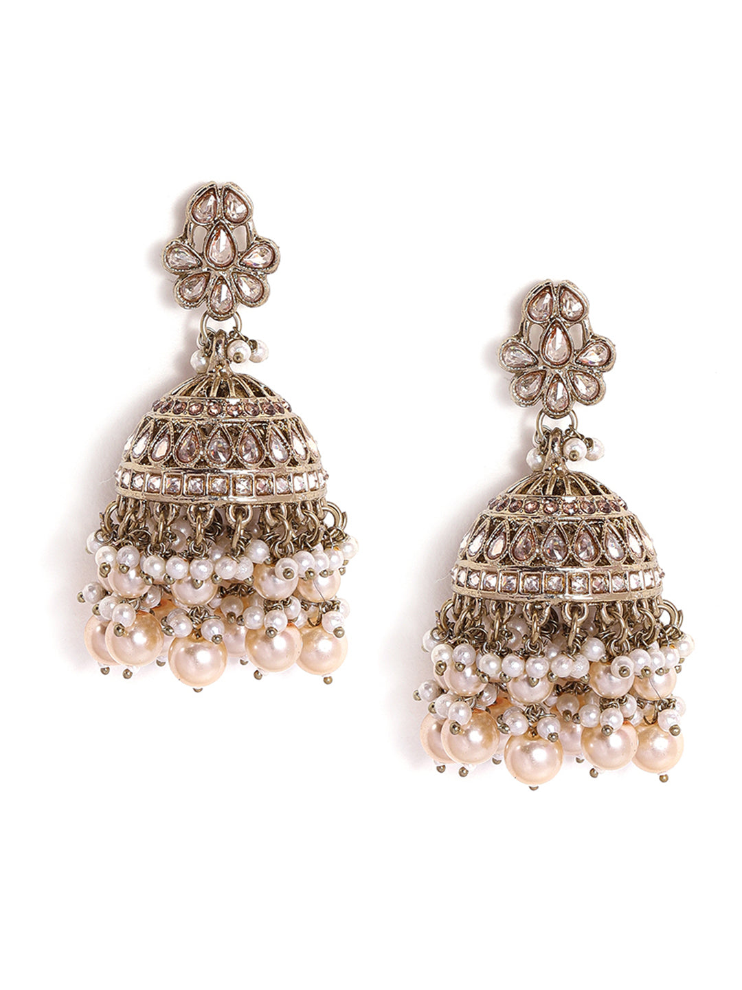 Priyaasi Floral Design Kundan Mini Fresh Water Pearls Gold Plated Jhumka Earrings