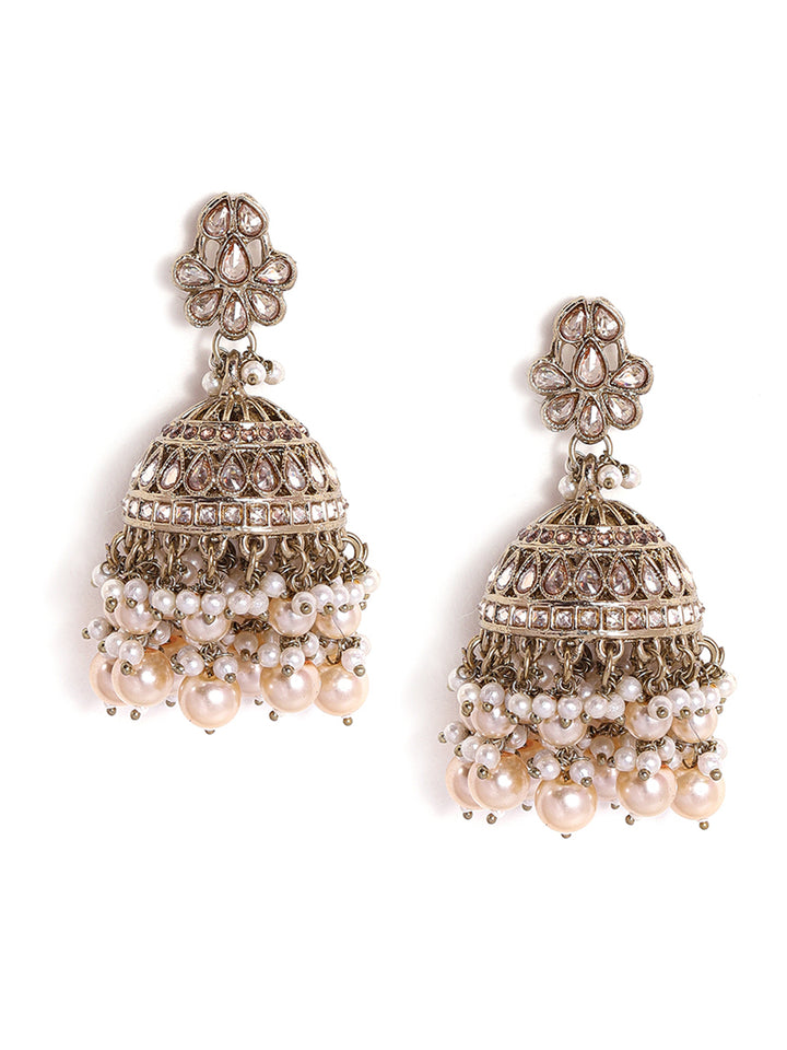 Priyaasi Floral Design Kundan Mini Fresh Water Pearls Gold Plated Jhumka Earrings