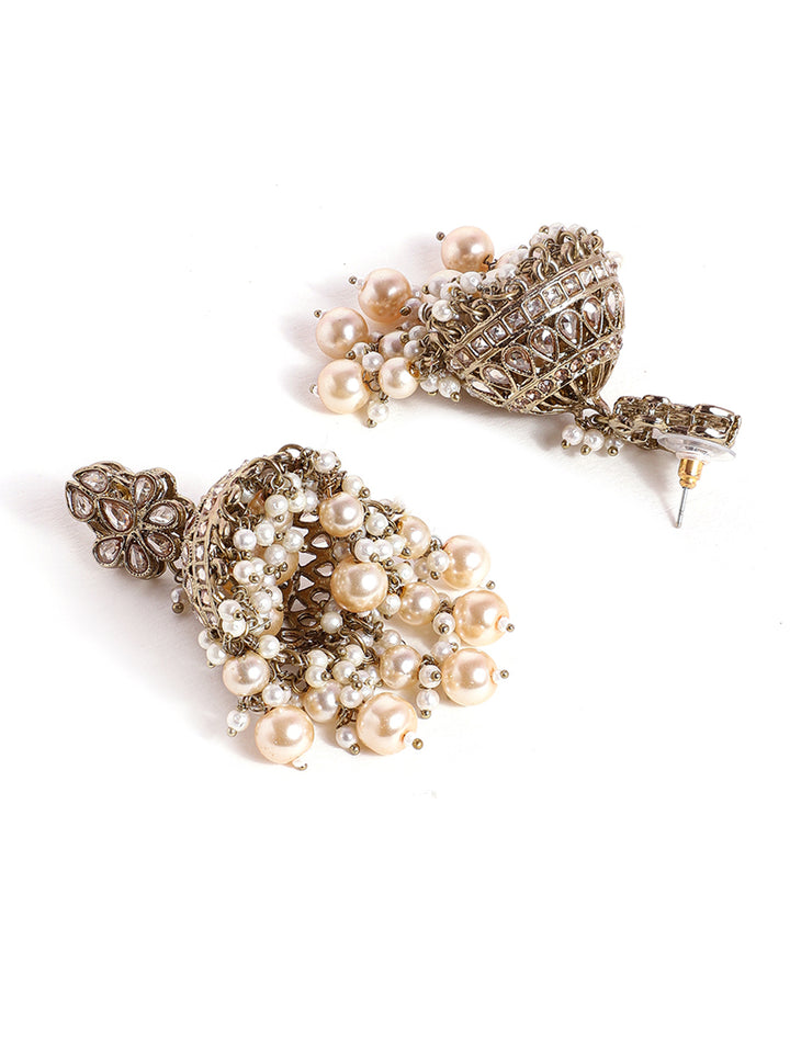 Priyaasi Floral Design Kundan Mini Fresh Water Pearls Gold Plated Jhumka Earrings