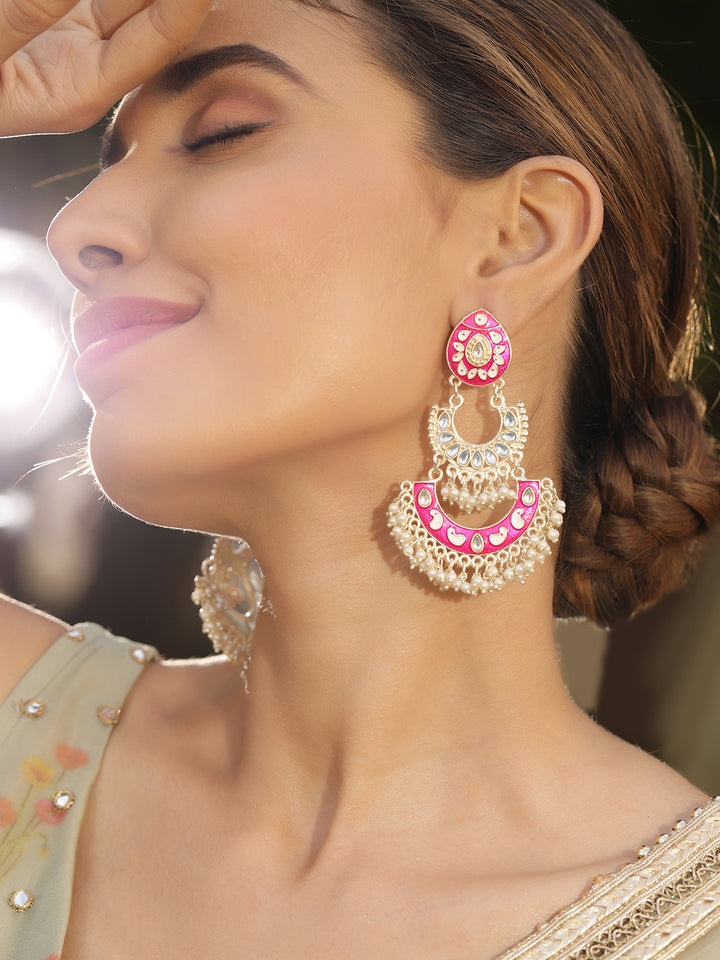 Priyaasi Pink Meenakari Chandbali Gold Plated Mini Fresh Water pearls Earrings