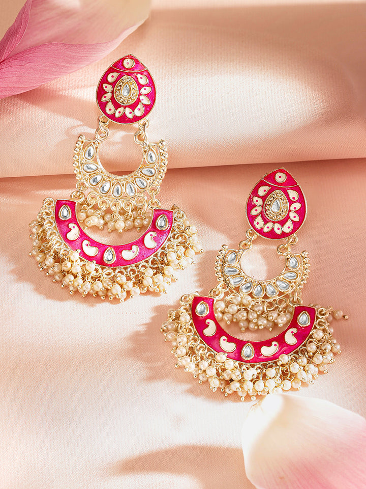 Priyaasi Pink Meenakari Chandbali Gold Plated Mini Fresh Water pearls Earrings