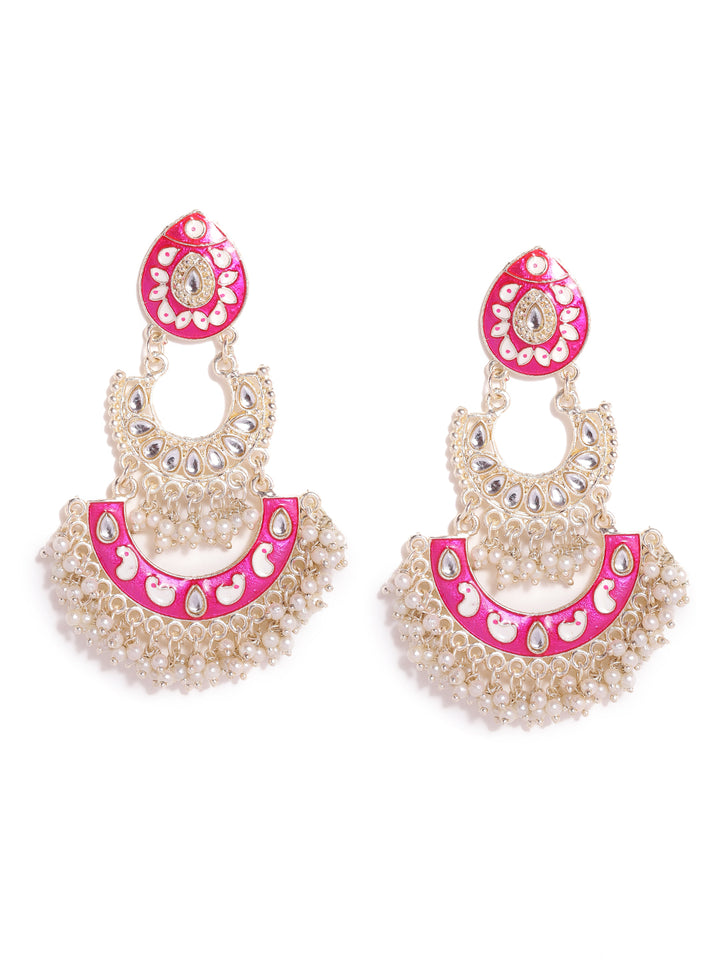 Priyaasi Pink Meenakari Chandbali Gold Plated Mini Fresh Water pearls Earrings