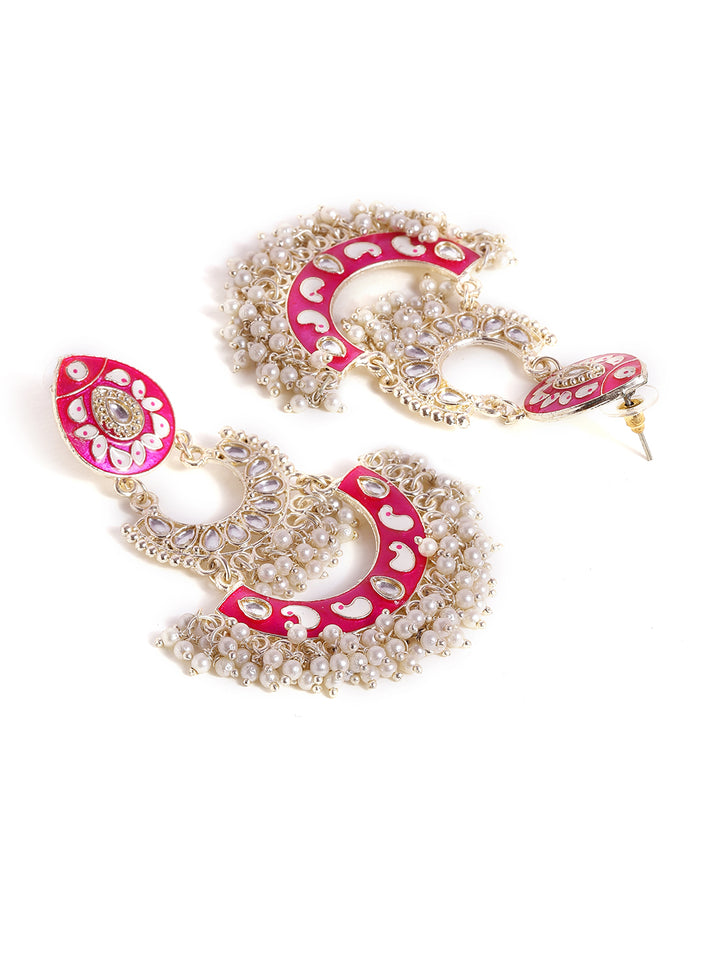 Priyaasi Pink Meenakari Chandbali Gold Plated Mini Fresh Water pearls Earrings