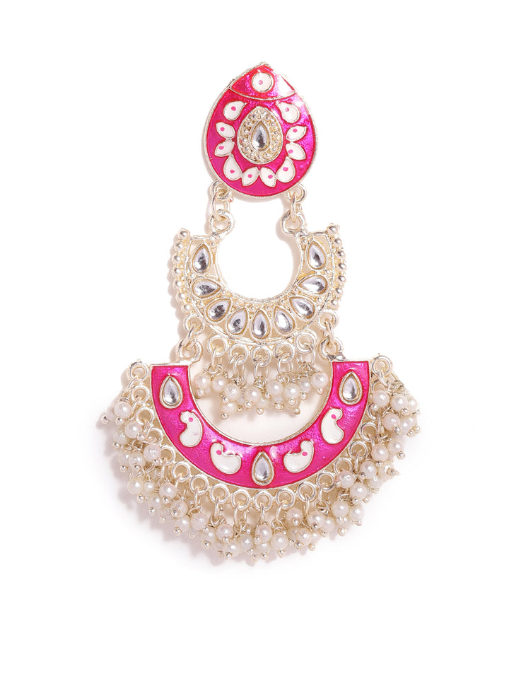 Priyaasi Pink Meenakari Chandbali Gold Plated Mini Fresh Water pearls Earrings