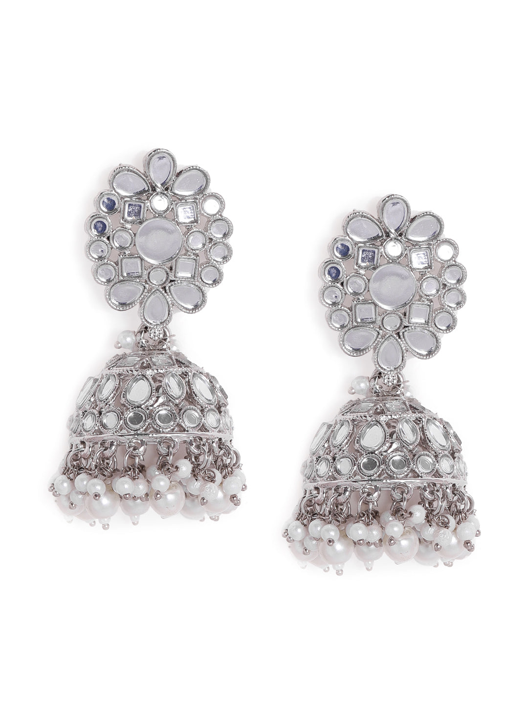 Priyaasi Silver Plated Floral Design Kundan Mini Fresh Water pearls Push back earrings