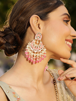 Priyaasi Pink Meenakari eleagance mini Fresh Water pearls pink beads chandbali gold plated pushback earrings