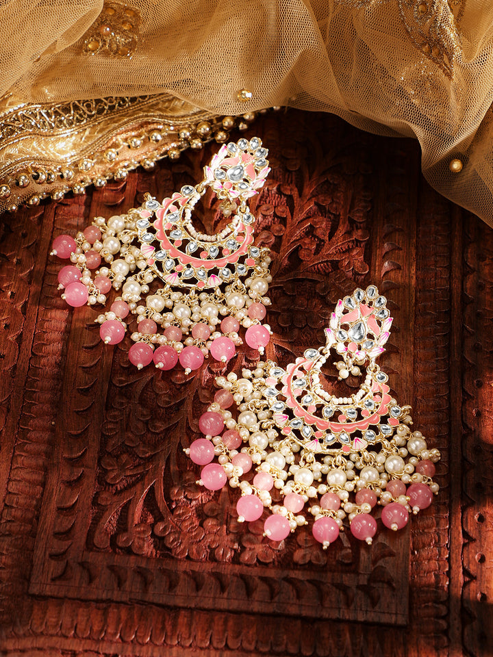 Priyaasi Pink Meenakari eleagance mini Fresh Water pearls pink beads chandbali gold plated pushback earrings