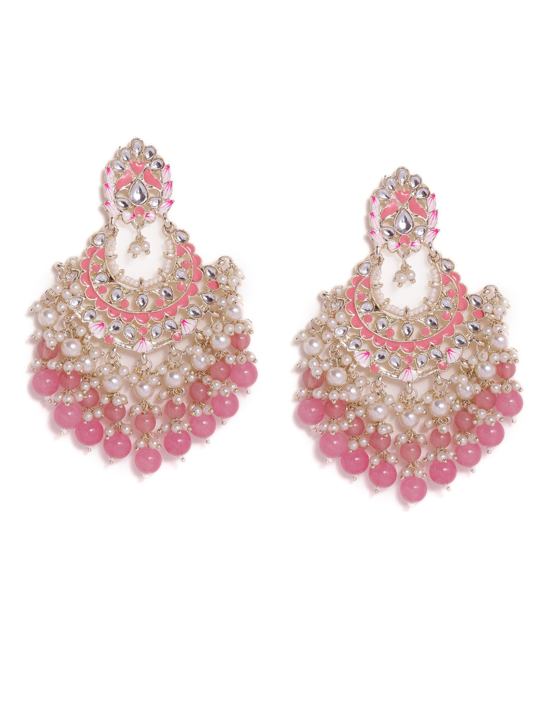 Priyaasi Pink Meenakari eleagance mini Fresh Water pearls pink beads chandbali gold plated pushback earrings